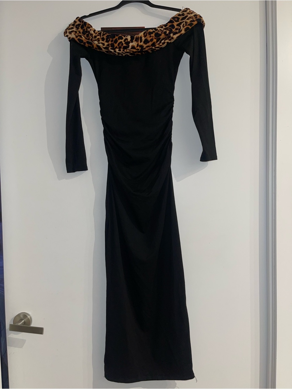 Fashion Nova Black Long-Sleeve Off-Shoulder Dress with Leopard Trim